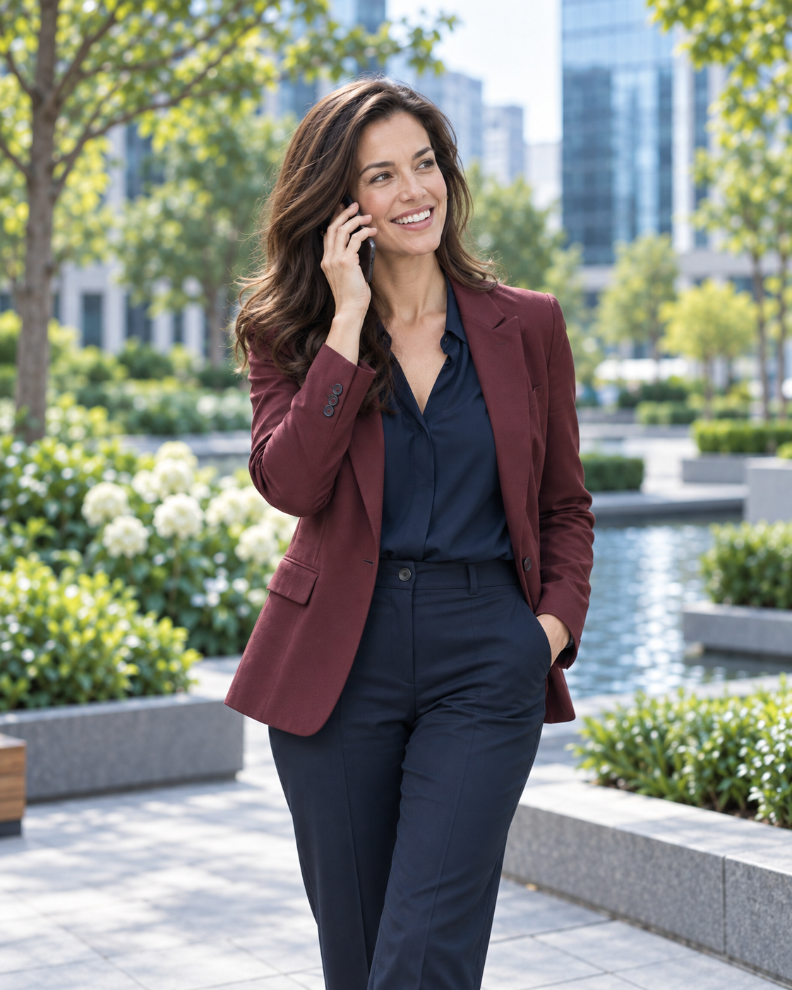 A brunette woman in a burgundy blazer on a phone call