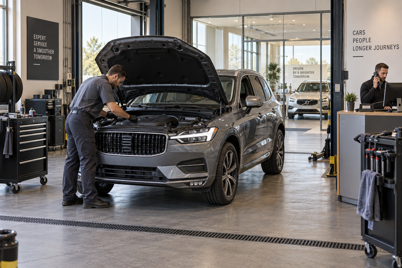 A premium automotive dealership service bay, a complete modern car with hood raised visibly dominates center, service technician inspecting engine and advisor speaking on phone at a nearby service desk; second car behind glass showroom