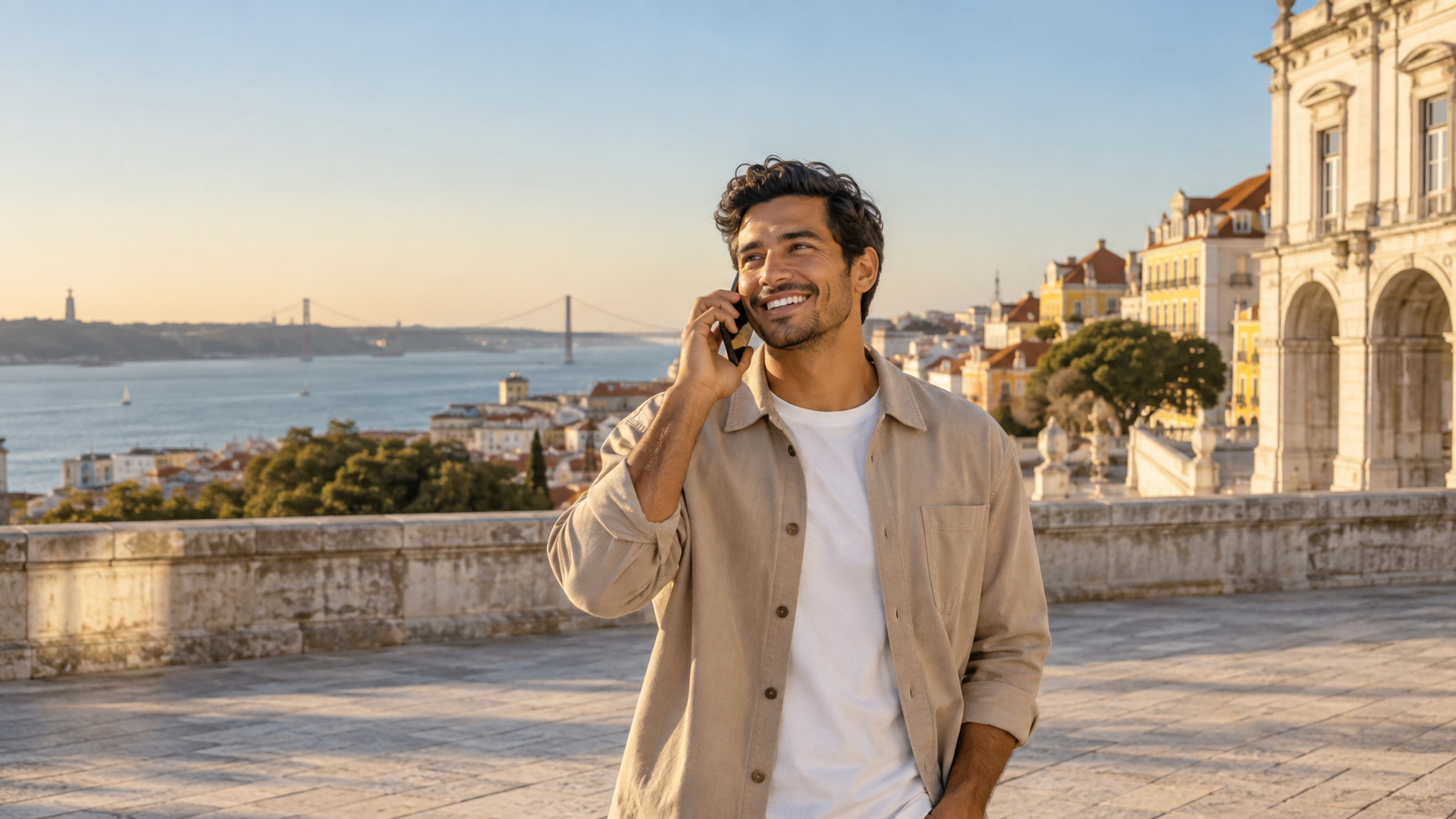 A man enjoying a phone conversation in Lisbon