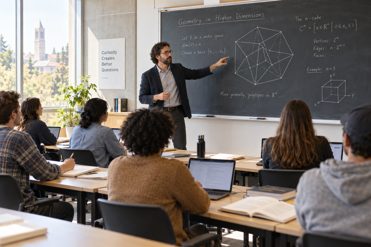 An airy modern university classroom: teacher explaining an abstract geometry diagram on a large teaching board, adult students seated at desks with open laptops and books facing teacher
