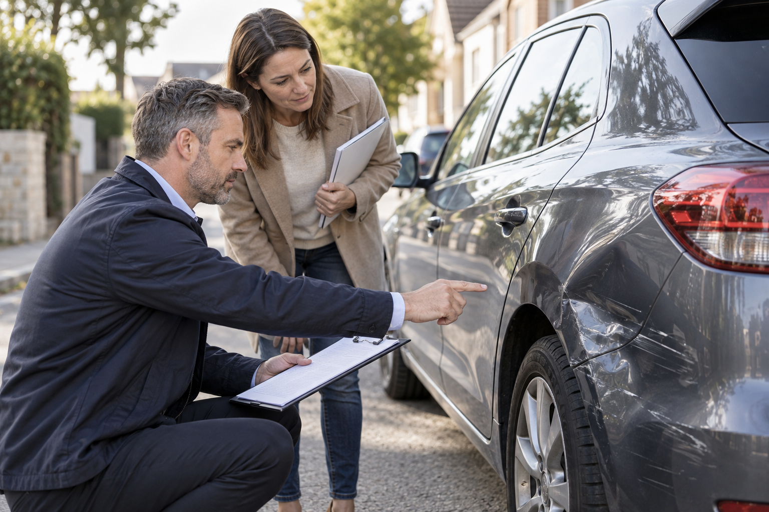 An insurance claims assessor with clipboard inspecting a visibly dented parked car beside its owner, reviewing damage with the owner and policy folder