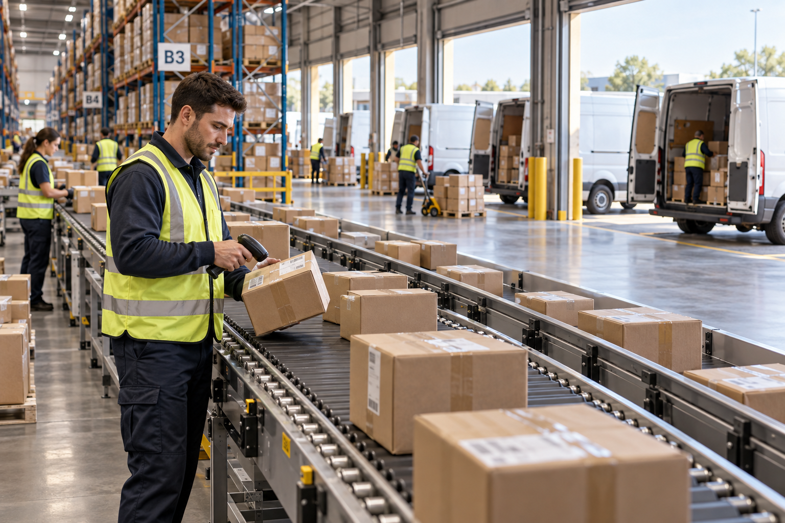An immaculate large parcel distribution warehouse: long conveyor belt loaded with shipping cartons, tall organized parcel racks, delivery vans at loading dock clearly visible, logistics worker scanning a package with handheld barcode scanner