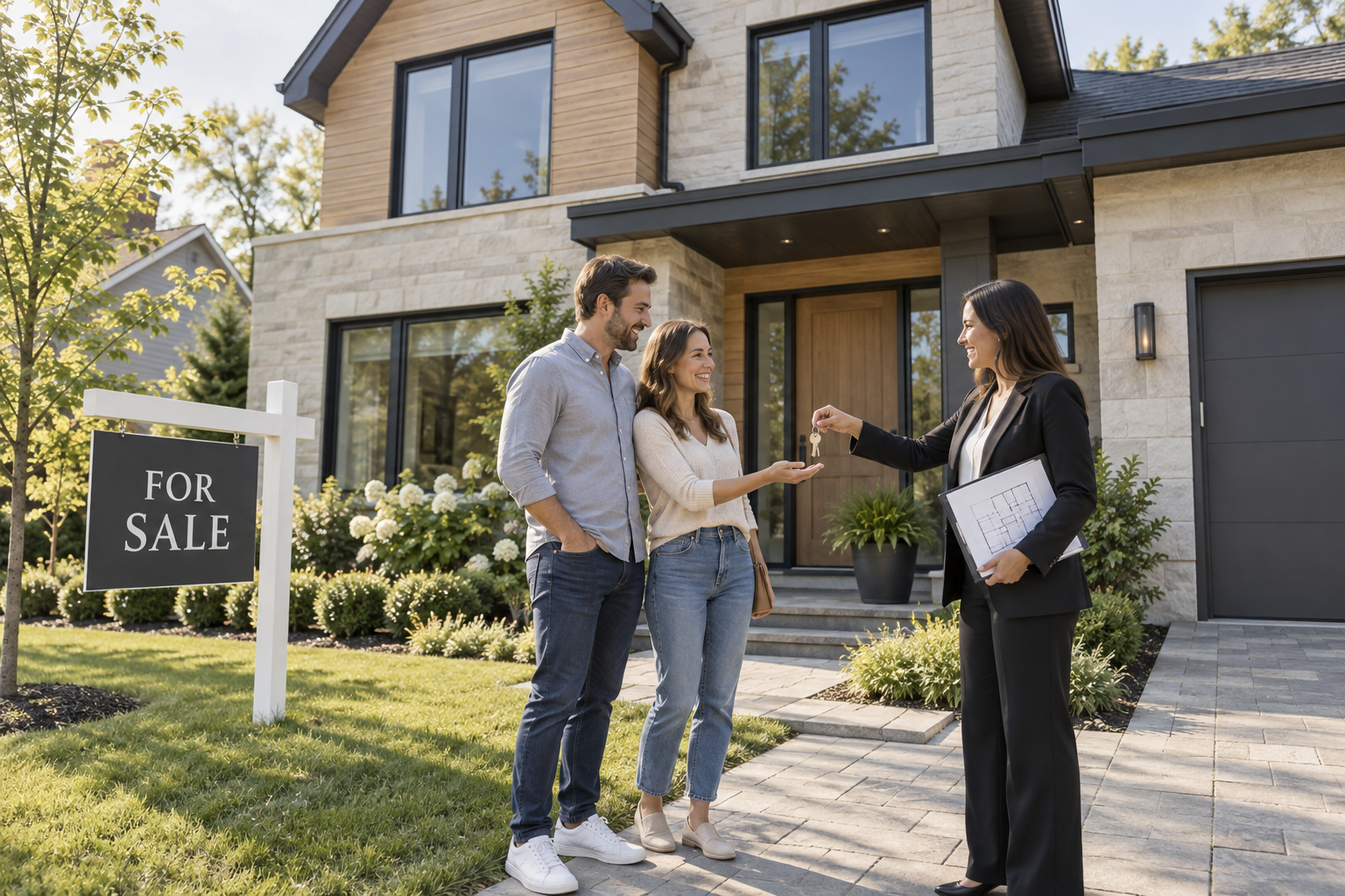 A real estate agent handing house keys to a couple at the doorway of a beautiful modern detached house, modest generic FOR SALE sign on lawn and architectural floorplan folder