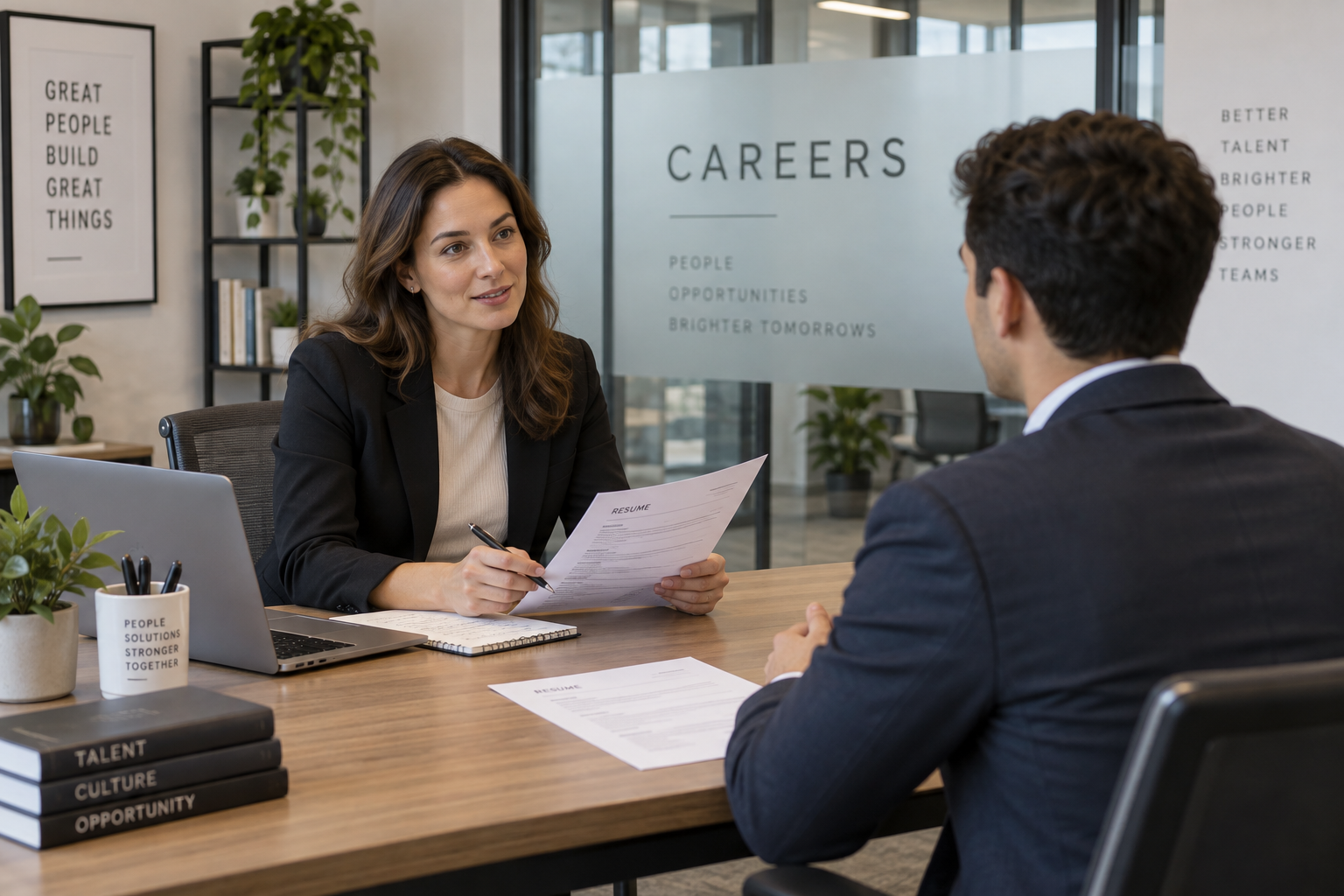A recruitment interview in a contemporary hiring office: recruiter seated opposite a job candidate across a table, visible resume sheets with generic unreadable layouts, interview notes and laptop, frosted glass panel labelled CAREERS discretely behind