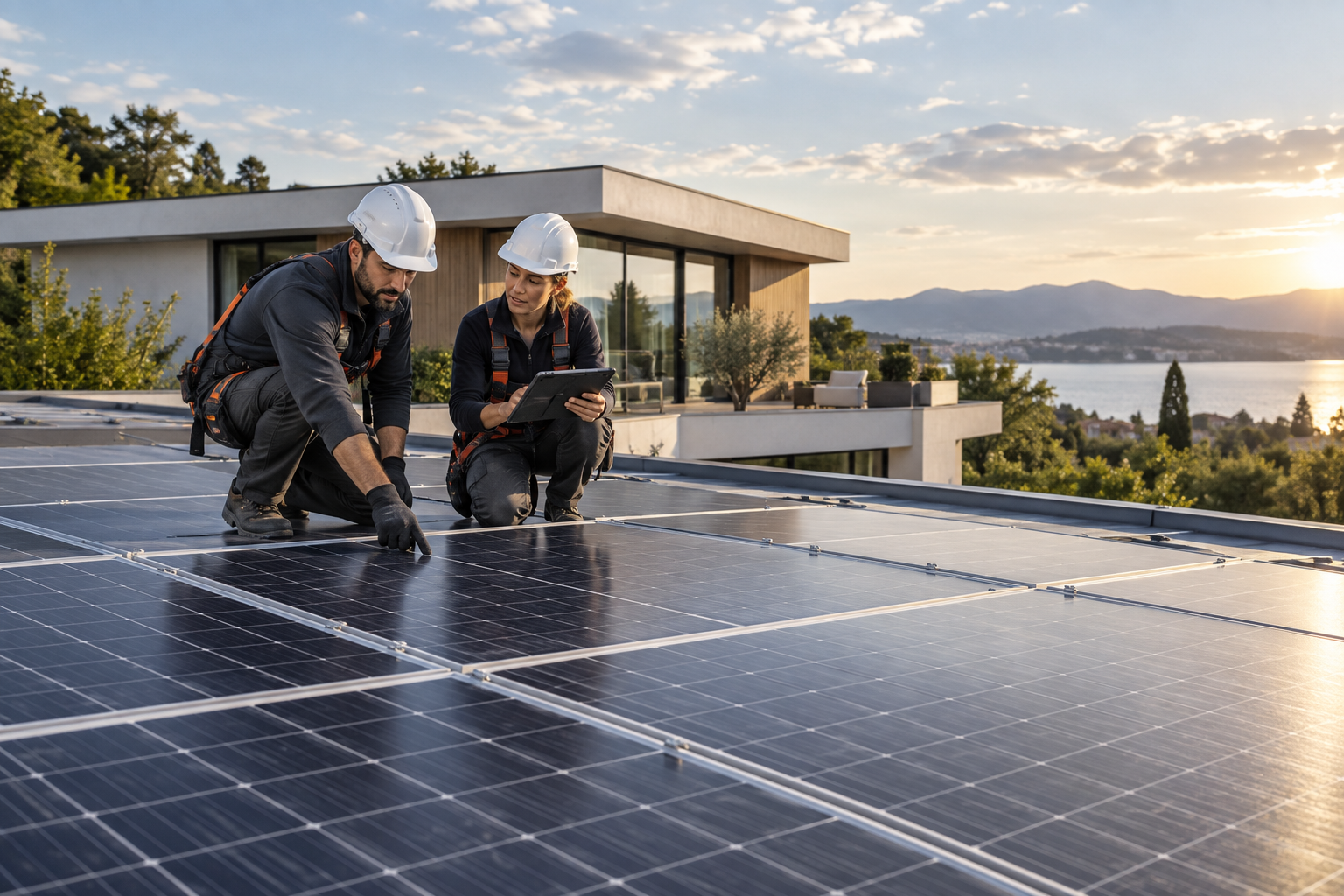 A photovoltaic installation: large clearly visible grid of blue-black solar panels dominates foreground on a low flat roof, two solar installers in appropriate hard hats and work clothing checking the installation with a tablet, contemporary house and sky beyond