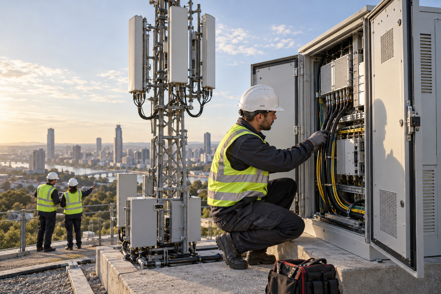 Telecommunications field engineer in safety helmet inspecting a ground-level telecom equipment cabinet with thick neatly arranged cabling, a cellular antenna mast with recognizable rectangular panel antennas immediately behind, modest city skyline beyond
