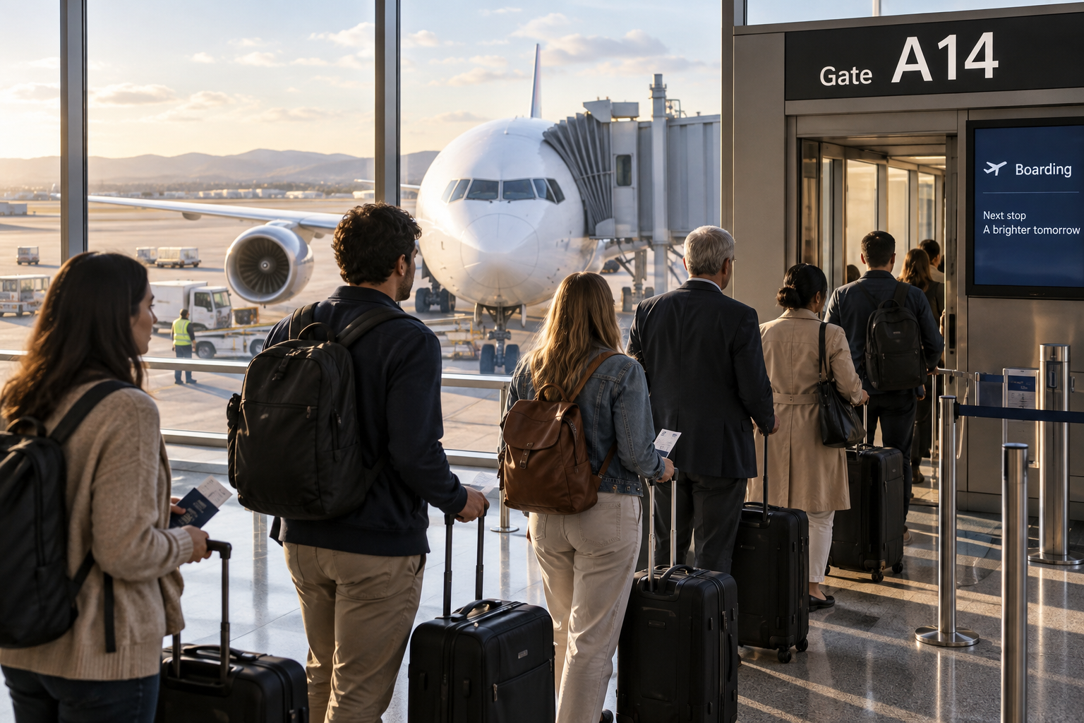 An airport departure gate with a large passenger jet clearly visible immediately behind glass, travelers with rolling suitcases and passports queuing at the boarding gate